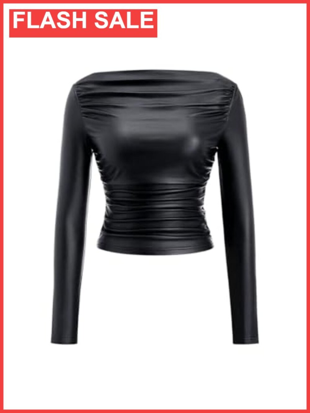 Faux Leather Off Shoulder Long Sleeve Crop Top Ruched Slim Fit Club Party